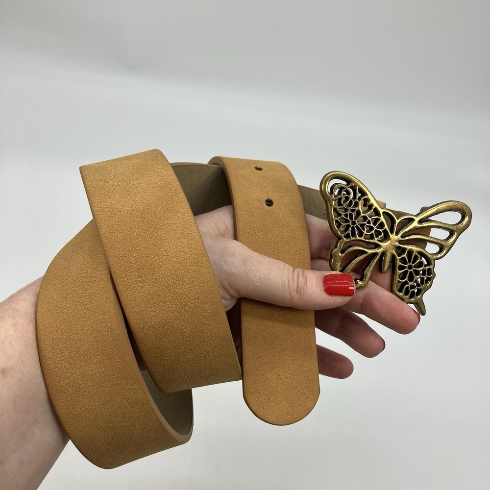 Butterfly Buckle Tan Faux Leather Belt Womens L Boho Fairy Cowgirl Hippie Whimsy